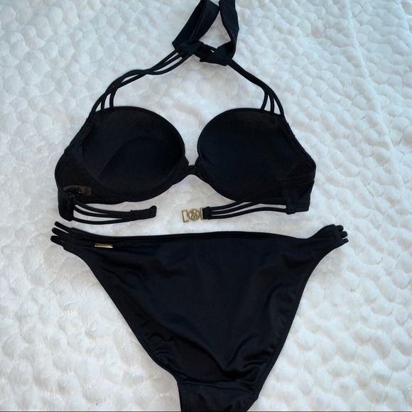 2 Pc Bikini Set Bombshell Halter Adds 2 Cups Black 32B Small - Picture 9 of 10